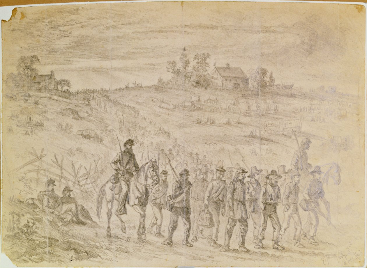 Gettysburgin taistelu: Kenraali Langstreetin joukoille kuuluvat vangit, jotka ovat jääneet vartioituna taaksepäin marssivien unionin joukkojen vangiksi. tekijältä Edwin Austin Forbes