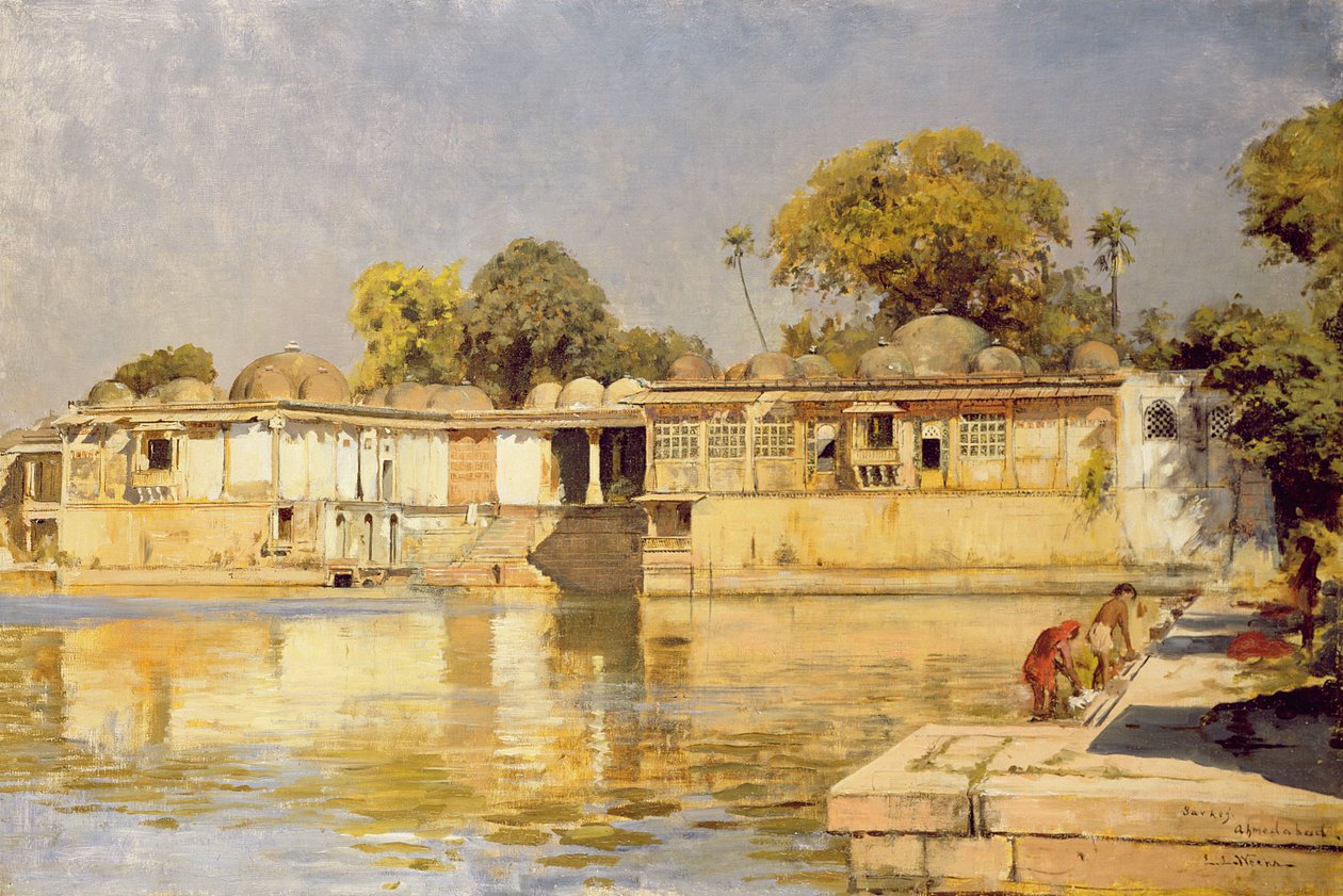 Palatsi ja järvi Sarkehissa, lähellä Ahmedabadia, Intia, n. 1882-83 tekijältä Edwin Lord Weeks