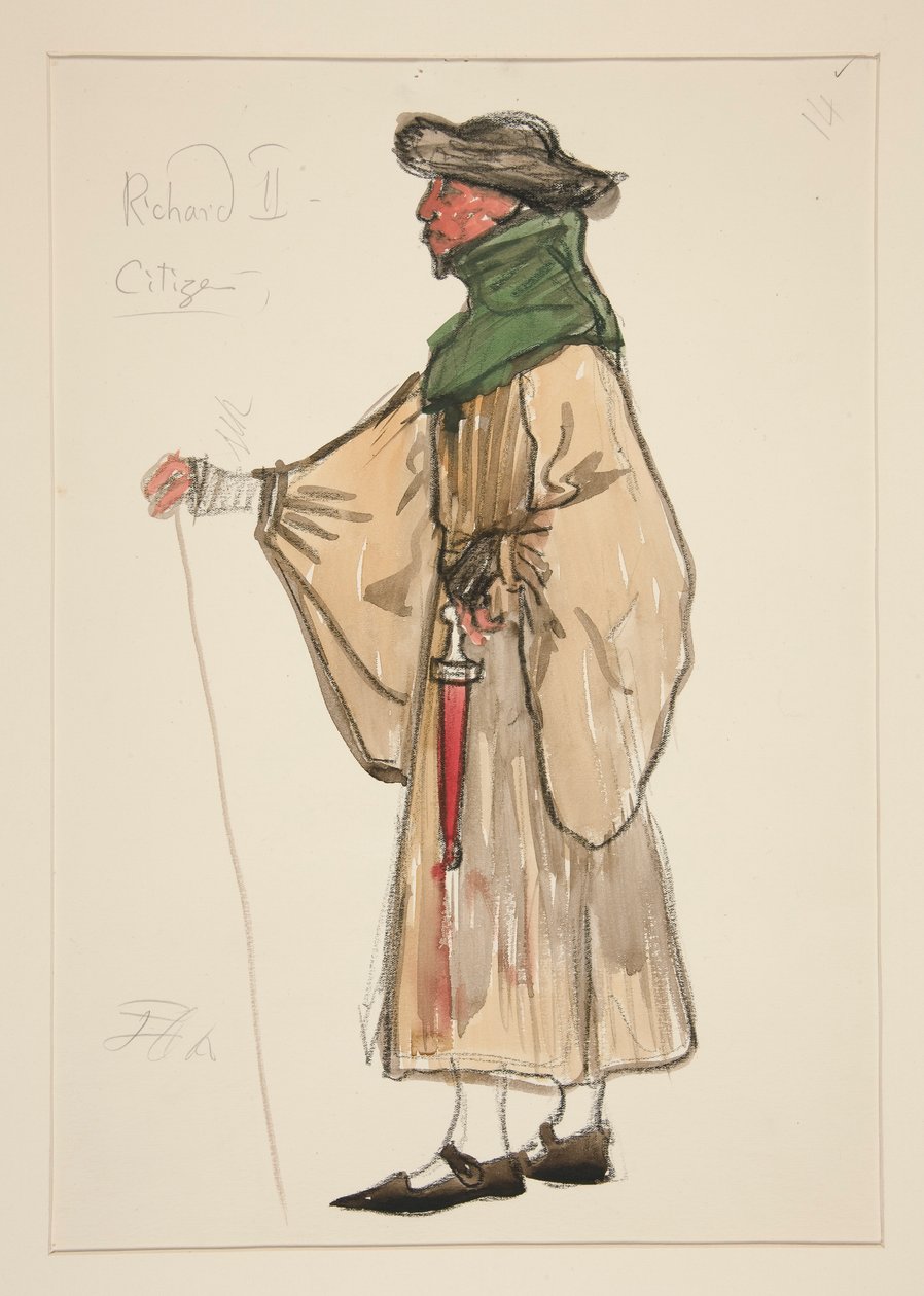 Kansalainen, pukupiirros Henry Irvingille tekijältä Edwin Austin Abbey