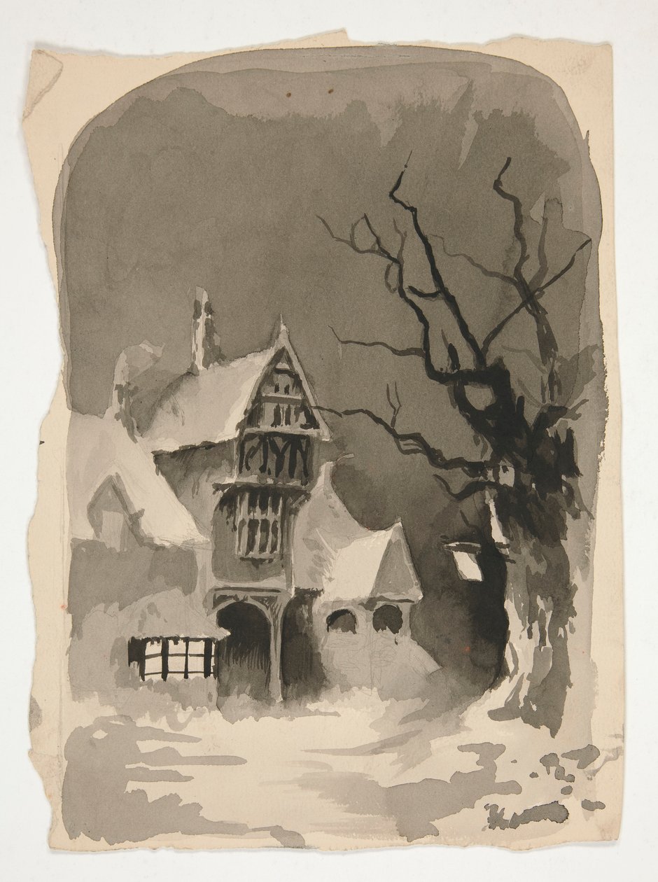 Talvikohtaus: Talo lumessa (recto); Erilaisia figuuritutkimuksia (käänteinen) tekijältä Edwin Austin Abbey