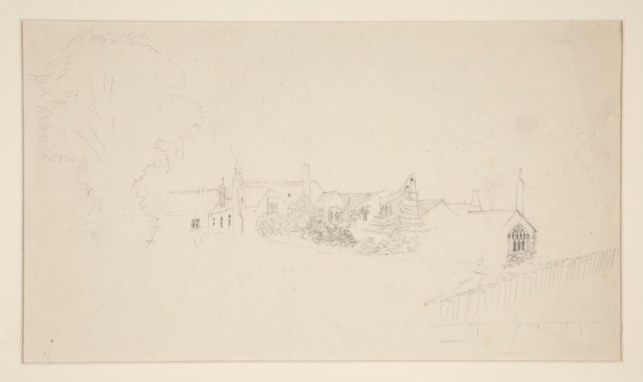 Arkkitehtitutkimus (recto); Koristeluonnoksia (käänteinen) tekijältä Edwin Austin Abbey