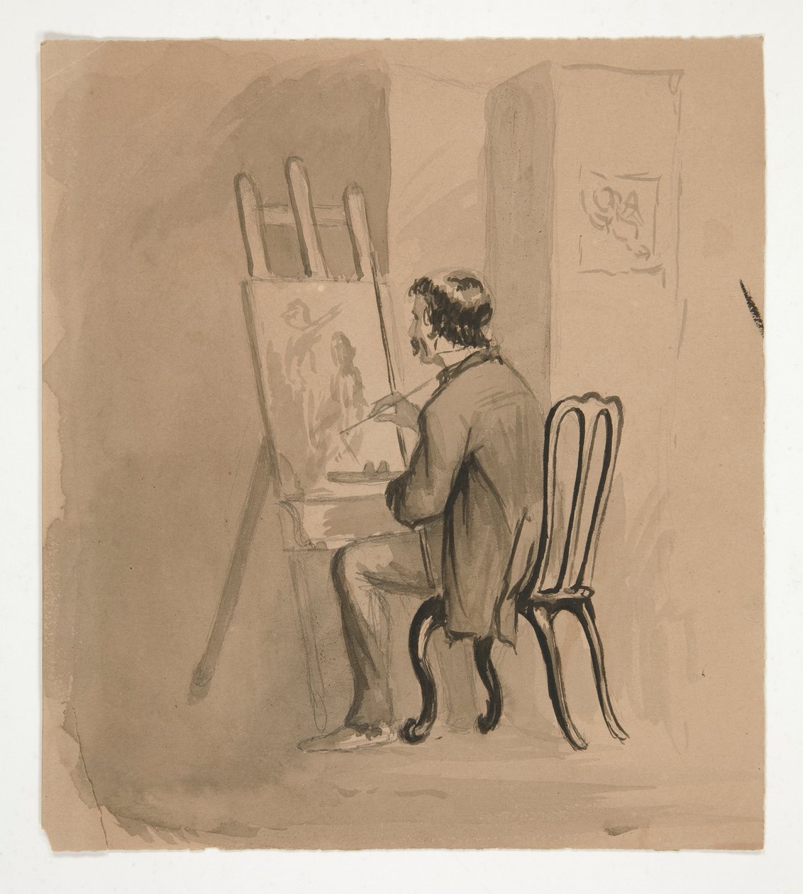 Taiteilija istuu telineessä tekijältä Edwin Austin Abbey