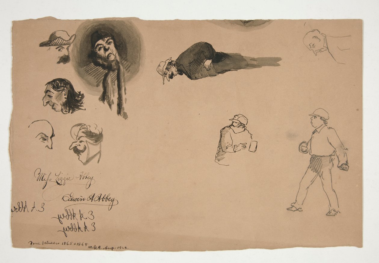 Erilaisia figuuritutkimuksia (recto ja verso) tekijältä Edwin Austin Abbey