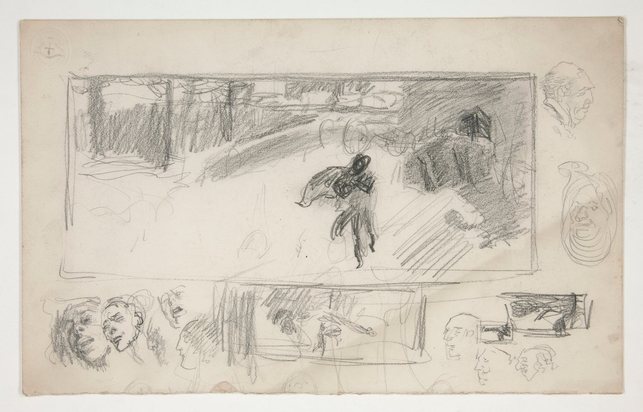 Erilaisia luonnoksia (recto); Piirros miehestä viitassa (verso) tekijältä Edwin Austin Abbey