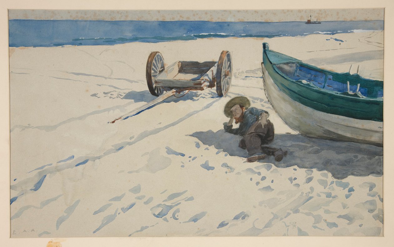 Rantakohtaus, jossa mies lepää veneen varjossa tekijältä Edwin Austin Abbey