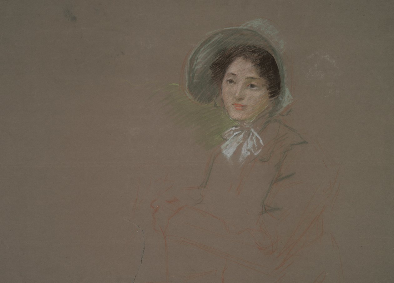 Rinnan mittainen luonnos naisesta, jolla on konepelti tekijältä Edwin Austin Abbey