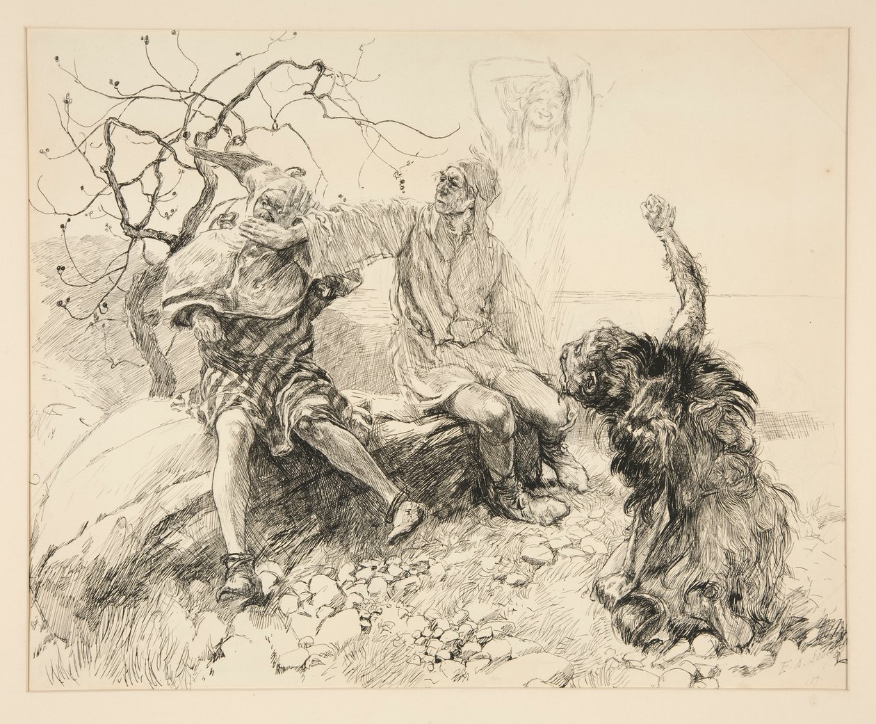 Caliban, Stephano ja Trinculo (Ariel näkymätön), kuvitus näytökselle II, kohtaus ii, The Tempest tekijältä Edwin Austin Abbey