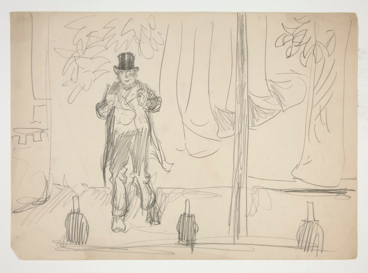 Sarjakuva näyttelijästä lavalla(?) - tunnistamaton kuvitus tekijältä Edwin Austin Abbey