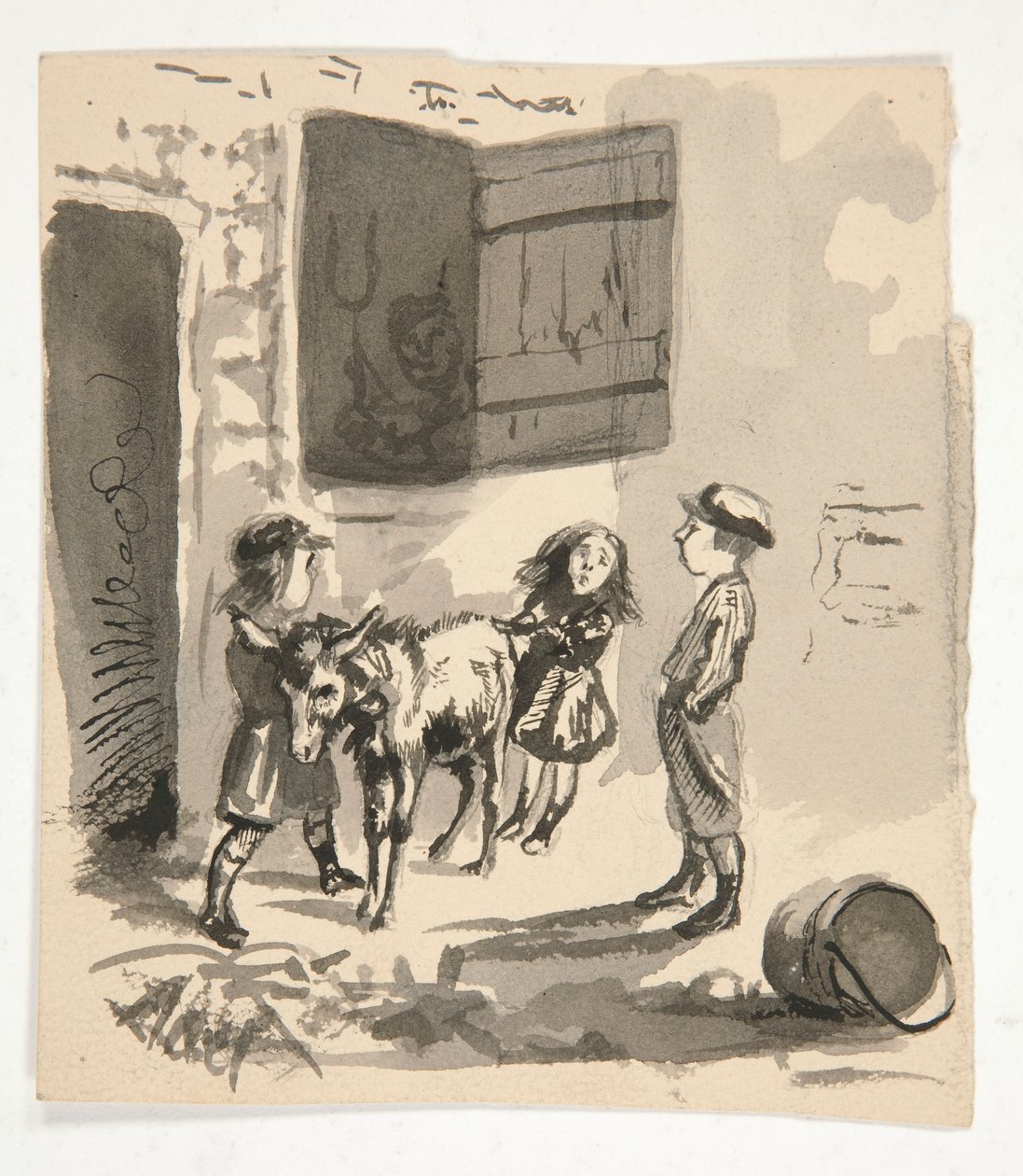 Lapset aasin kanssa (recto); Tuntematon kuva urkuhiomakoneesta (vero) tekijältä Edwin Austin Abbey
