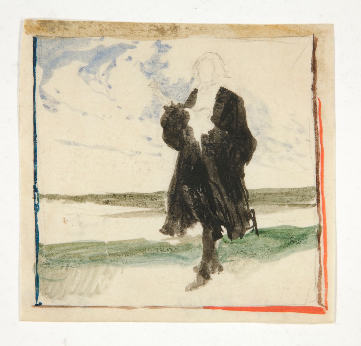 Viittattu mies maisemassa - tunnistamaton kuva tekijältä Edwin Austin Abbey