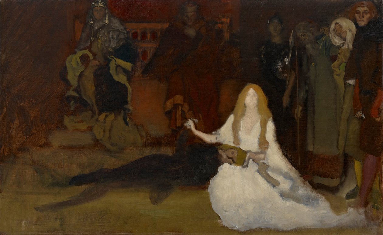 Sävellystutkimus, näytelmäkohtaus Hamletissa, näytös III, kohtaus II tekijältä Edwin Austin Abbey