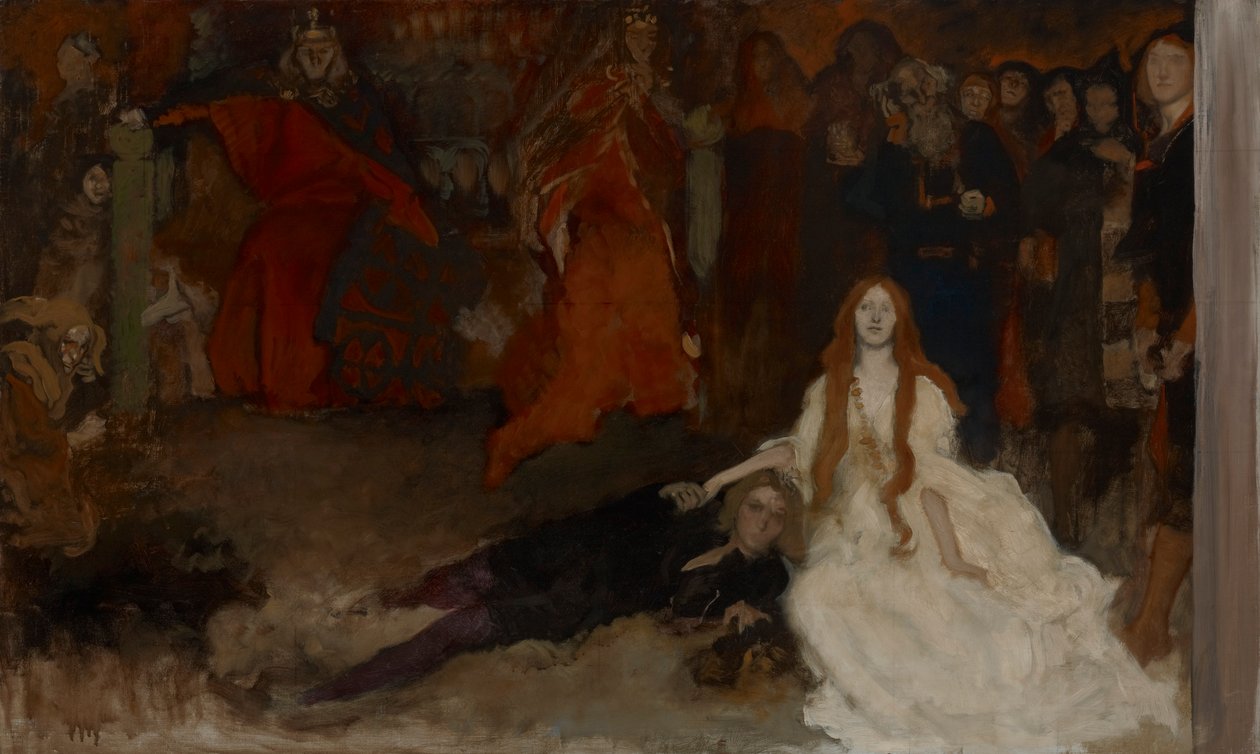 Sävellystutkimus, näytelmäkohtaus Hamletissa, näytös III, kohtaus II tekijältä Edwin Austin Abbey