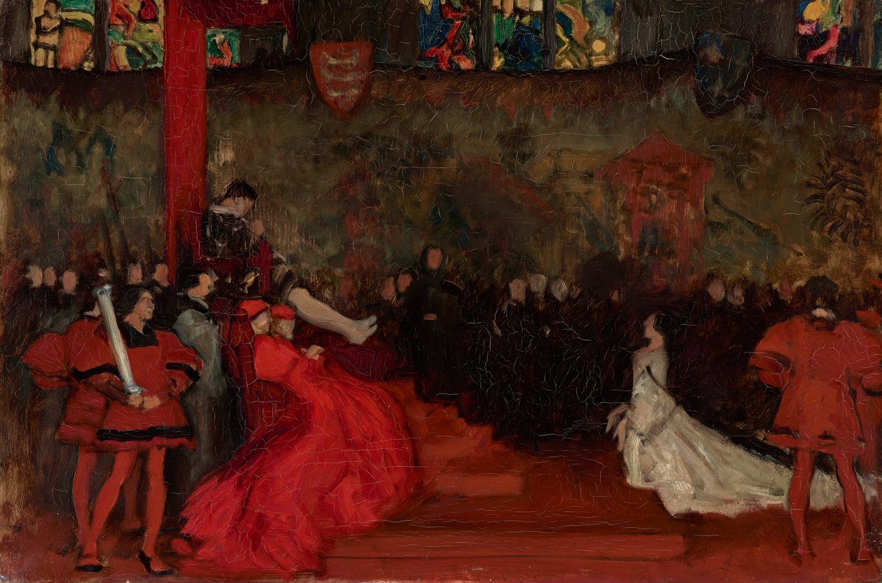 Sävellystutkimus, Queen Katharinen oikeudenkäynti, Henry VIII, näytös II, kohtaus IV tekijältä Edwin Austin Abbey