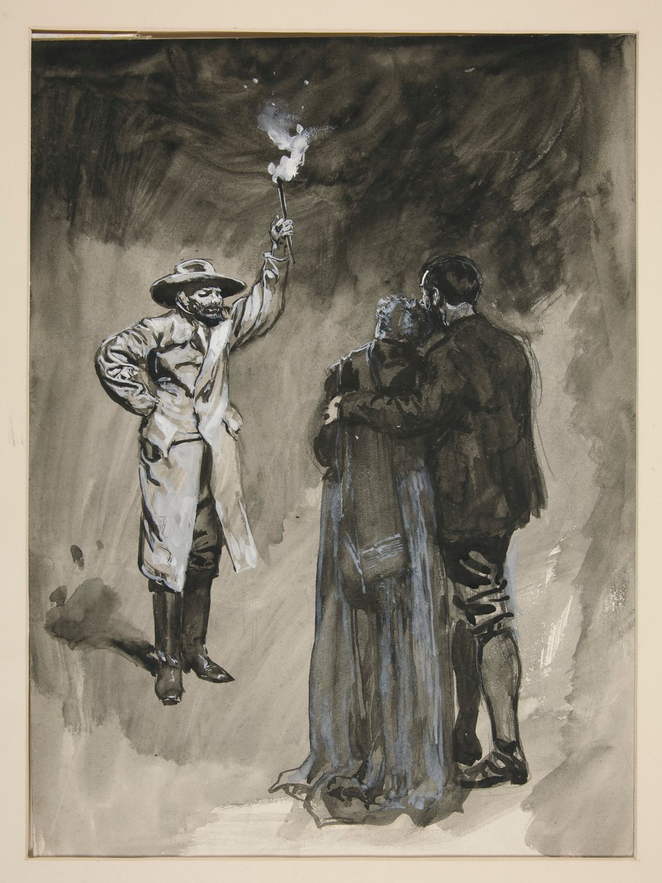 Pari kohtaa kadulla miehen, jolla on taskulamppu - tunnistamaton kuva tekijältä Edwin Austin Abbey