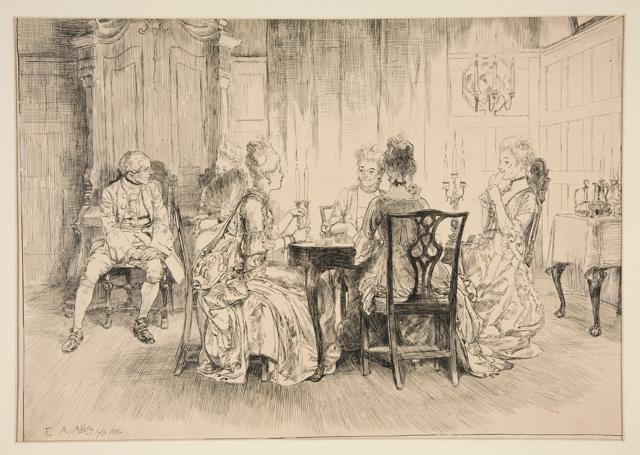 Ruokailukohtaus - kuvitus Austin Dobsonille tekijältä Edwin Austin Abbey