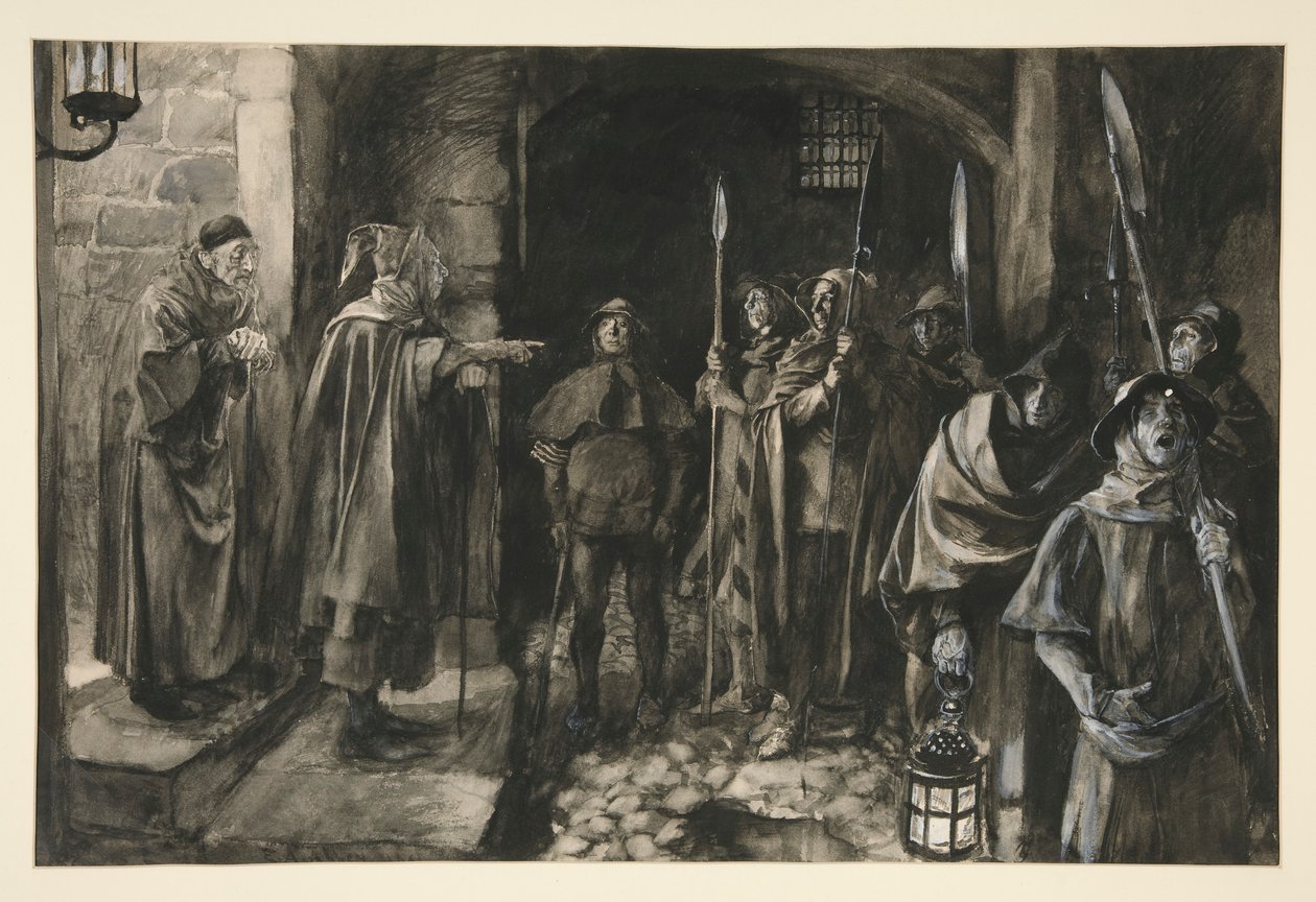 Dogberry ja hänen työtoverinsa kellon kanssa - näytös III, kohtaus III, paljon melua tyhjästä tekijältä Edwin Austin Abbey