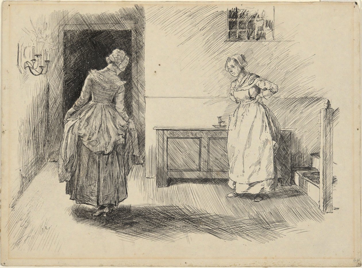 Tule sisään Mrs. Hardcastle & Maid, opiskele Oliver Goldsmithin luona tekijältä Edwin Austin Abbey