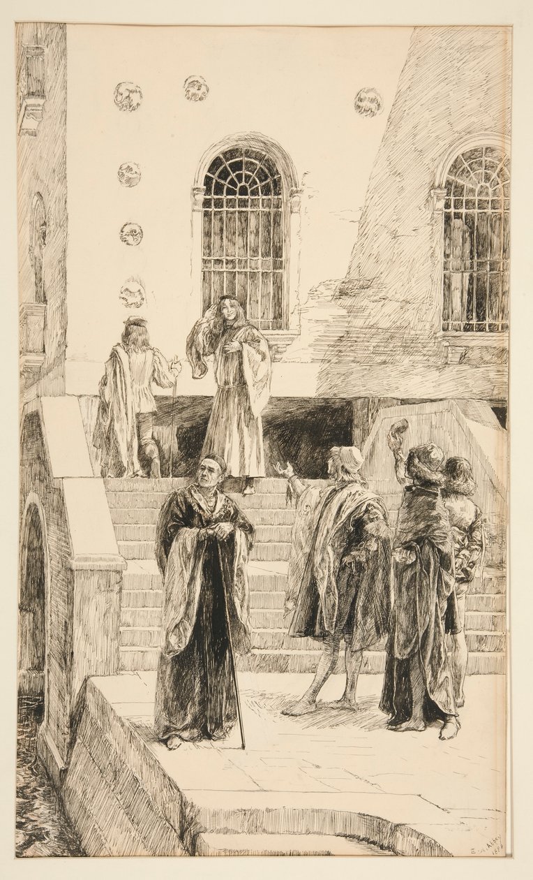 Exuent Salarino ja Salanio, näytöksestä I, kohtaus i, Merchant of Venice tekijältä Edwin Austin Abbey