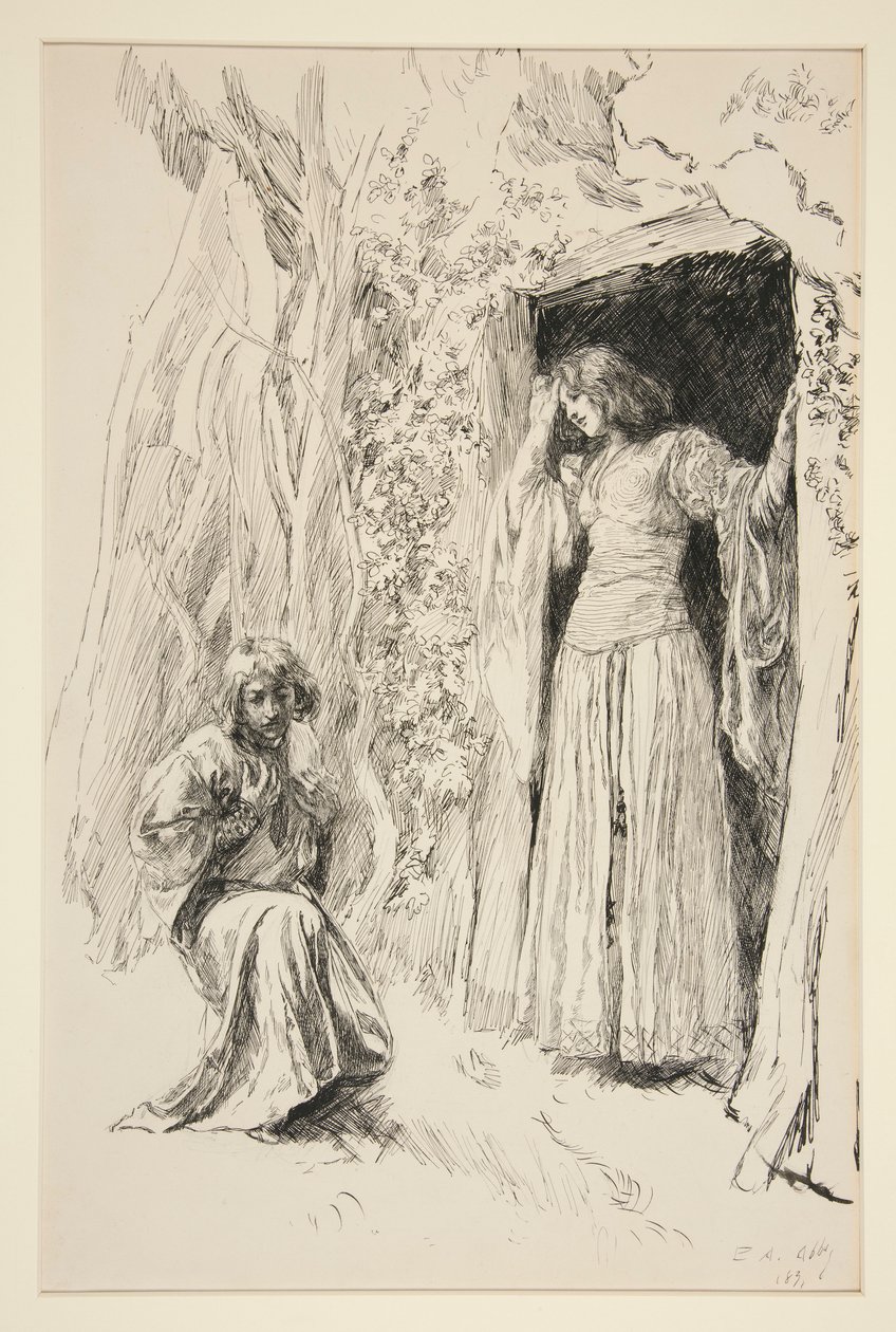 Ferdinand tapaa Mirandan, kuvitus näytökselle III, kohtaus i, The Tempest tekijältä Edwin Austin Abbey