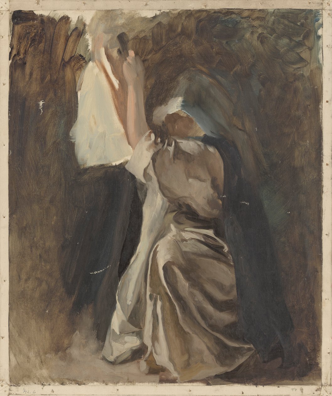 Figuuritutkimus nunnasta, Galahadin lapsuus, teoksessa The Quest and Achieveve of the Holy Graal, Book Delivery Room, Boston Public Library tekijältä Edwin Austin Abbey