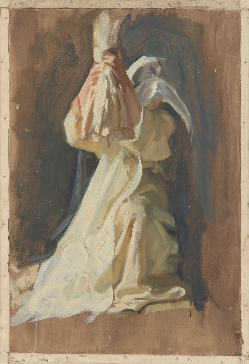 Figuuritutkimus nunnasta, Galahadin lapsuus, teoksessa The Quest and Achieveve of the Holy Graal, Book Delivery Room, Boston Public Library tekijältä Edwin Austin Abbey