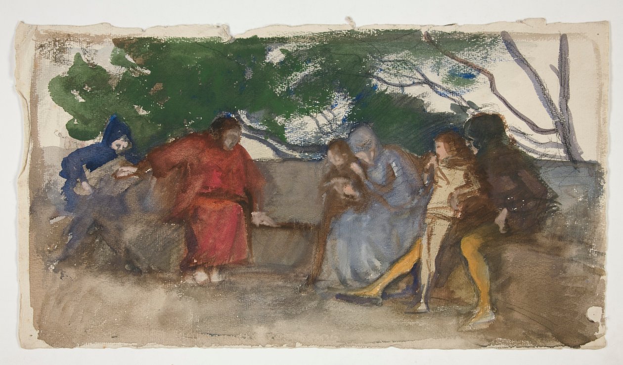 Figuurit istuvat ulkopenkillä tekijältä Edwin Austin Abbey