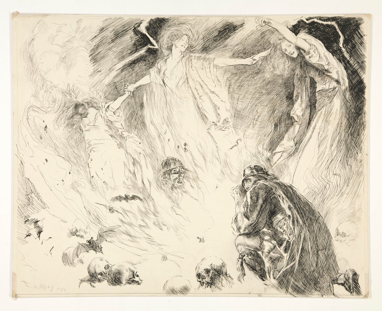 Ensimmäinen ilmestys: Macbeth! Macbeth! Macbeth! varo Macduff., IV näytös, kohtaus 1, Macbeth tekijältä Edwin Austin Abbey