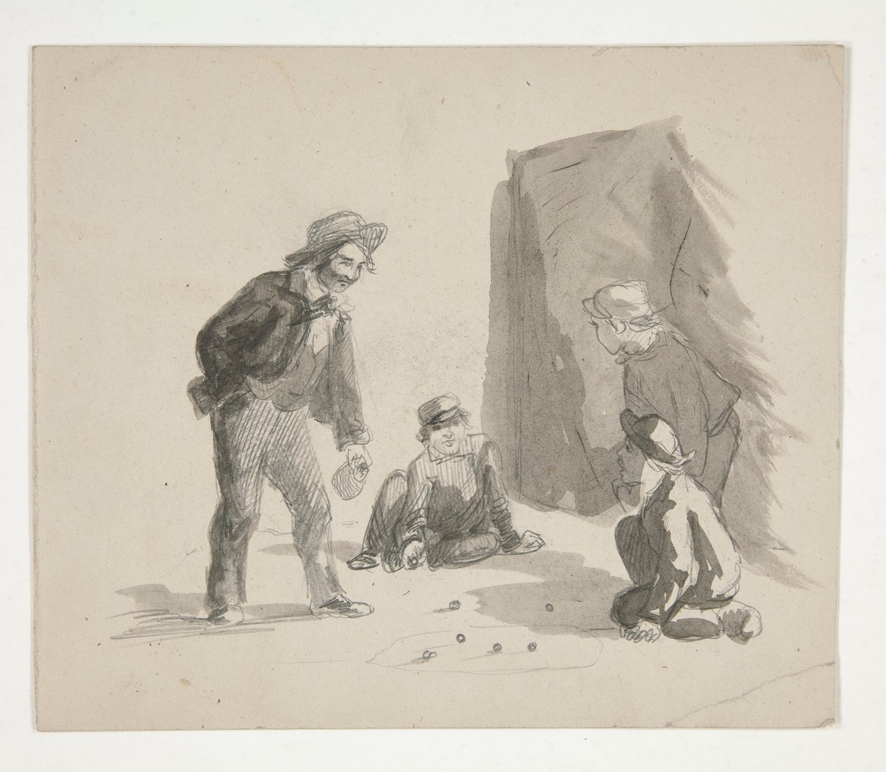Neljä poikaa leikkimässä marmoria (recto); Tuntematon kuva pojasta maalaustelineessä sisätiloissa (verso) tekijältä Edwin Austin Abbey