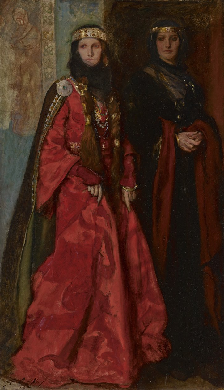 Goneril ja Regan King Learin näytöksessä I kohtaus I, 1902 tekijältä Edwin Austin Abbey