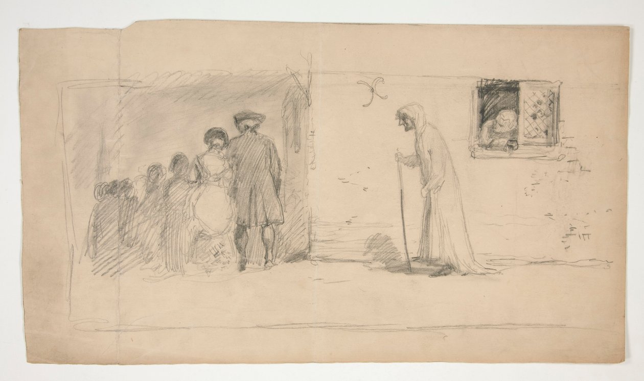 Ryhmä hahmoja kivitalon ulkopuolella - tunnistamaton kuva tekijältä Edwin Austin Abbey