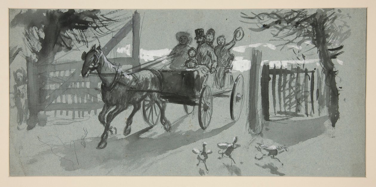 Ryhmä ihmisiä avoimessa kärryssä - (tunnistamaton kuva) tekijältä Edwin Austin Abbey