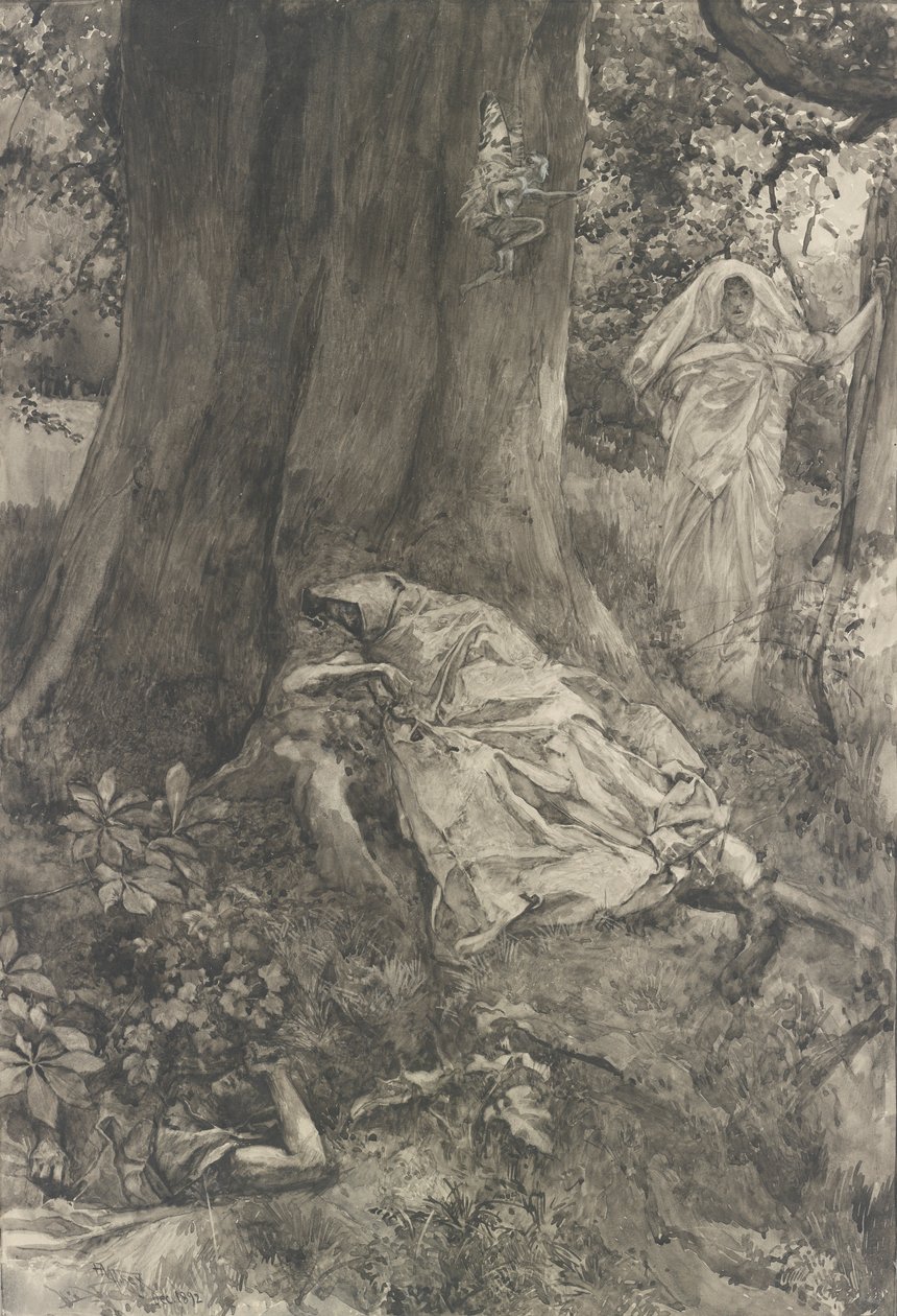 Hermia metsässä, kuvitus näytökselle III, kohtaus ii, Juhannusyö tekijältä Edwin Austin Abbey