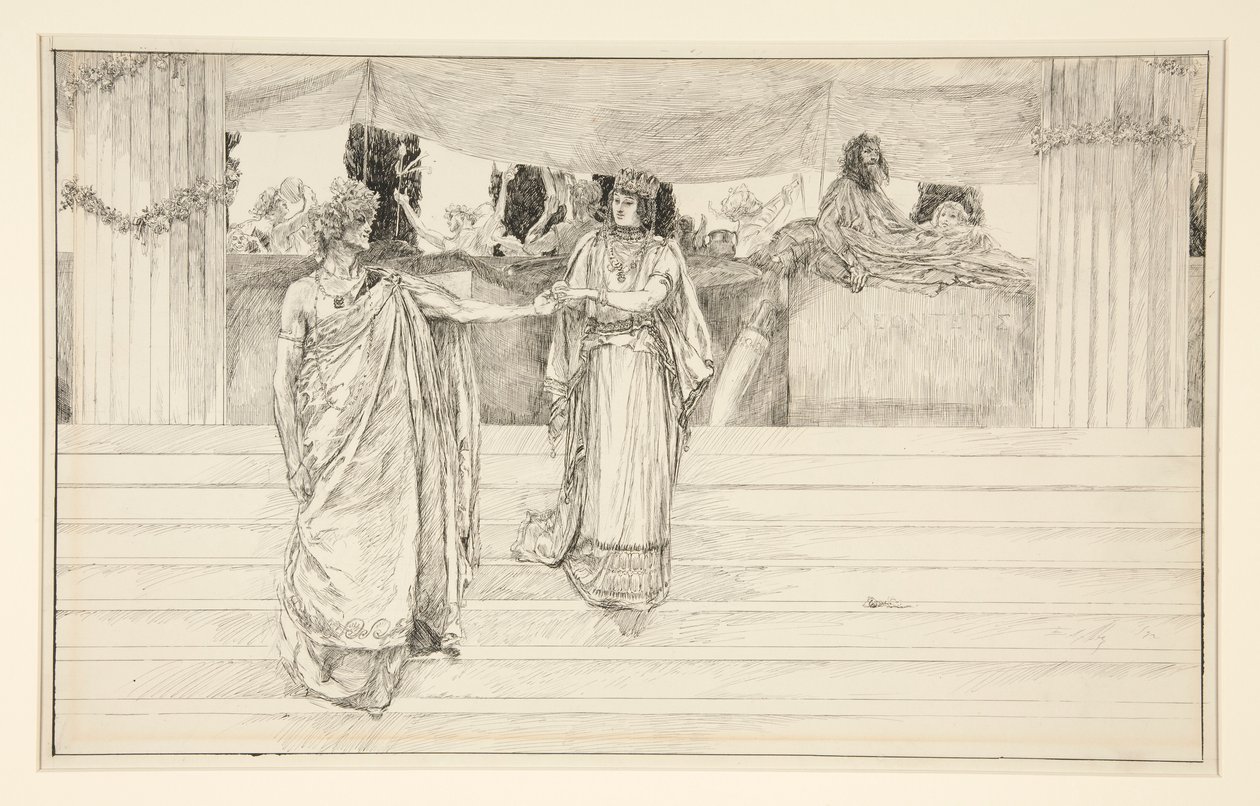 Hermione rukoilee Polixenesia – näytös I, kohtaus II, talvi tekijältä Edwin Austin Abbey