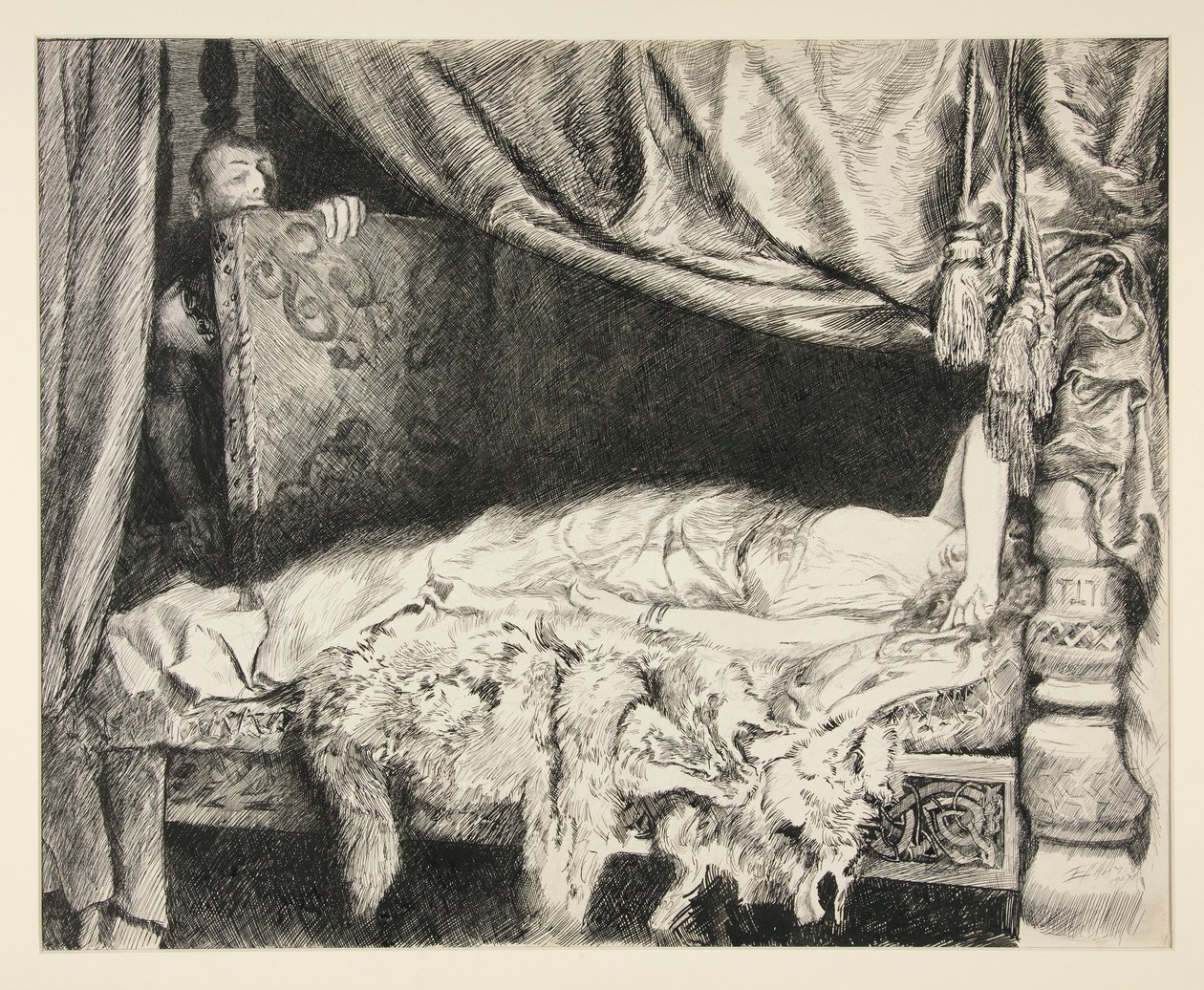 Iachimo varastaa rungosta - näytös II, kohtaus II, Cymbeline tekijältä Edwin Austin Abbey