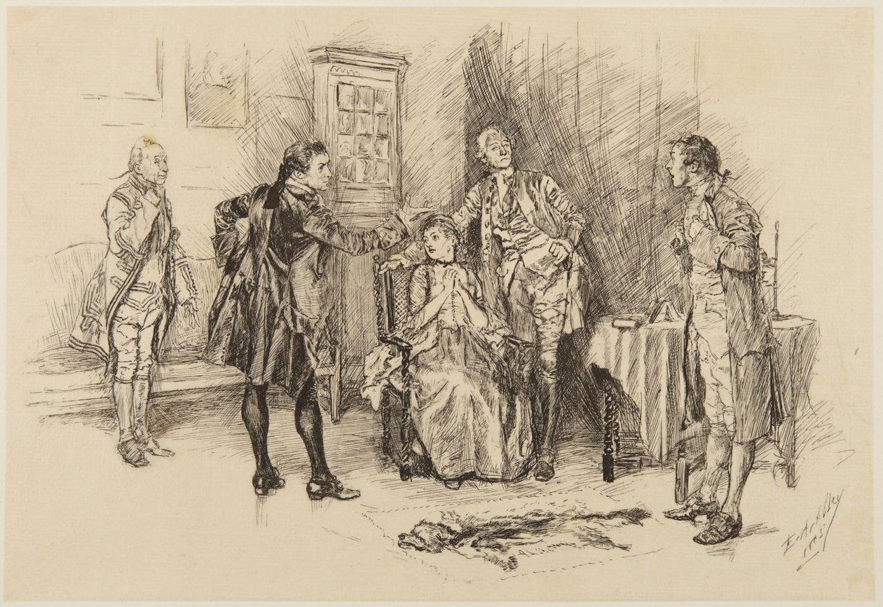 Kuvitus Goldsmithin näytelmään *She Stoops to Conquer*: ”Oliko se viisasta, herra, auttaa tekemään minusta naurettavan” tekijältä Edwin Austin Abbey