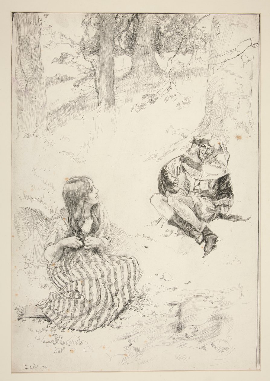 Jester ja nainen, luonnos Narsissin laululle tekijältä Edwin Austin Abbey