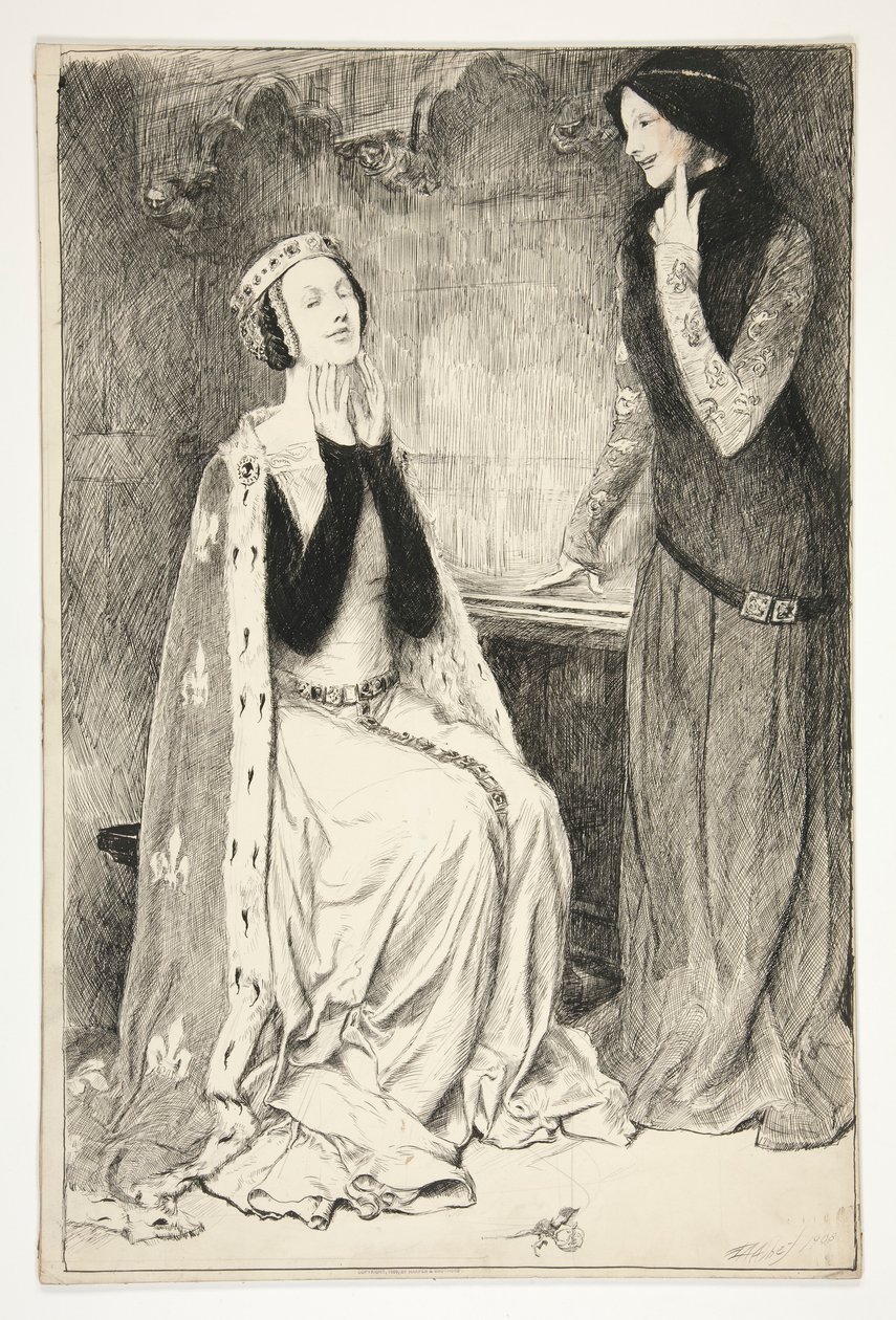 Katherine ja Alice - näytös III, kohtaus V, kuningas Henry V tekijältä Edwin Austin Abbey