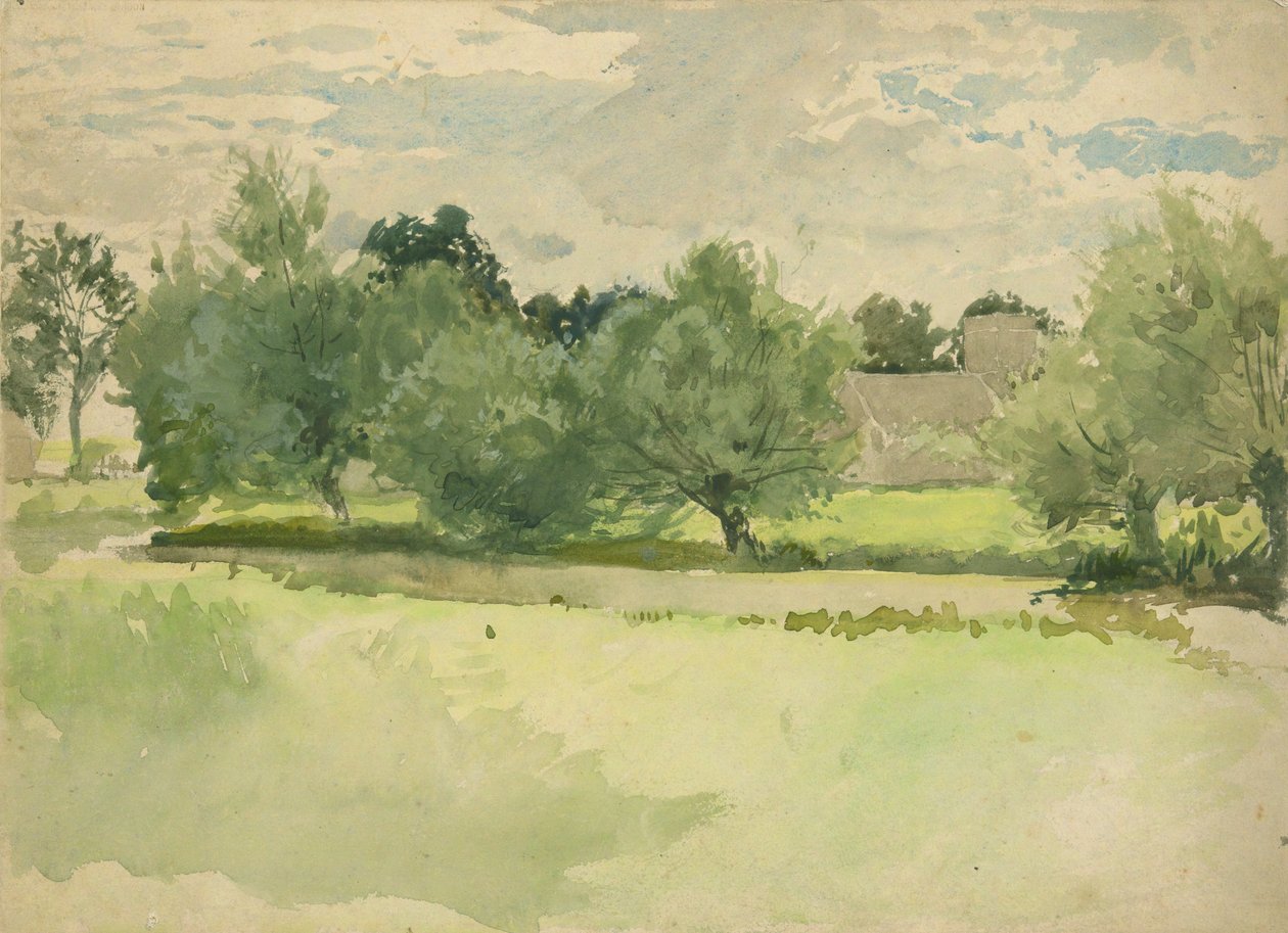Maisema: Niitty. Kirkko taustalla tekijältä Edwin Austin Abbey