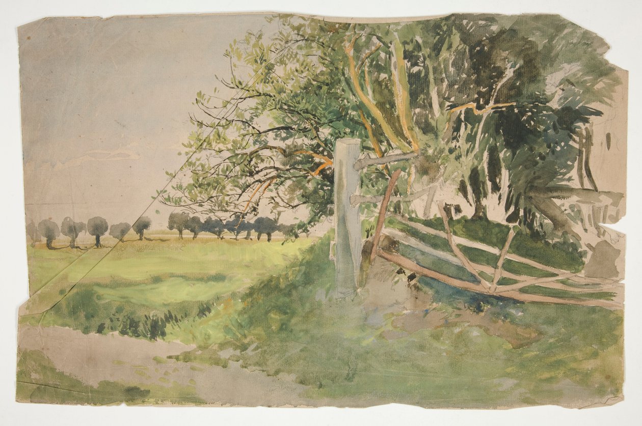 Maisema puita ja rikki aitaa tekijältä Edwin Austin Abbey