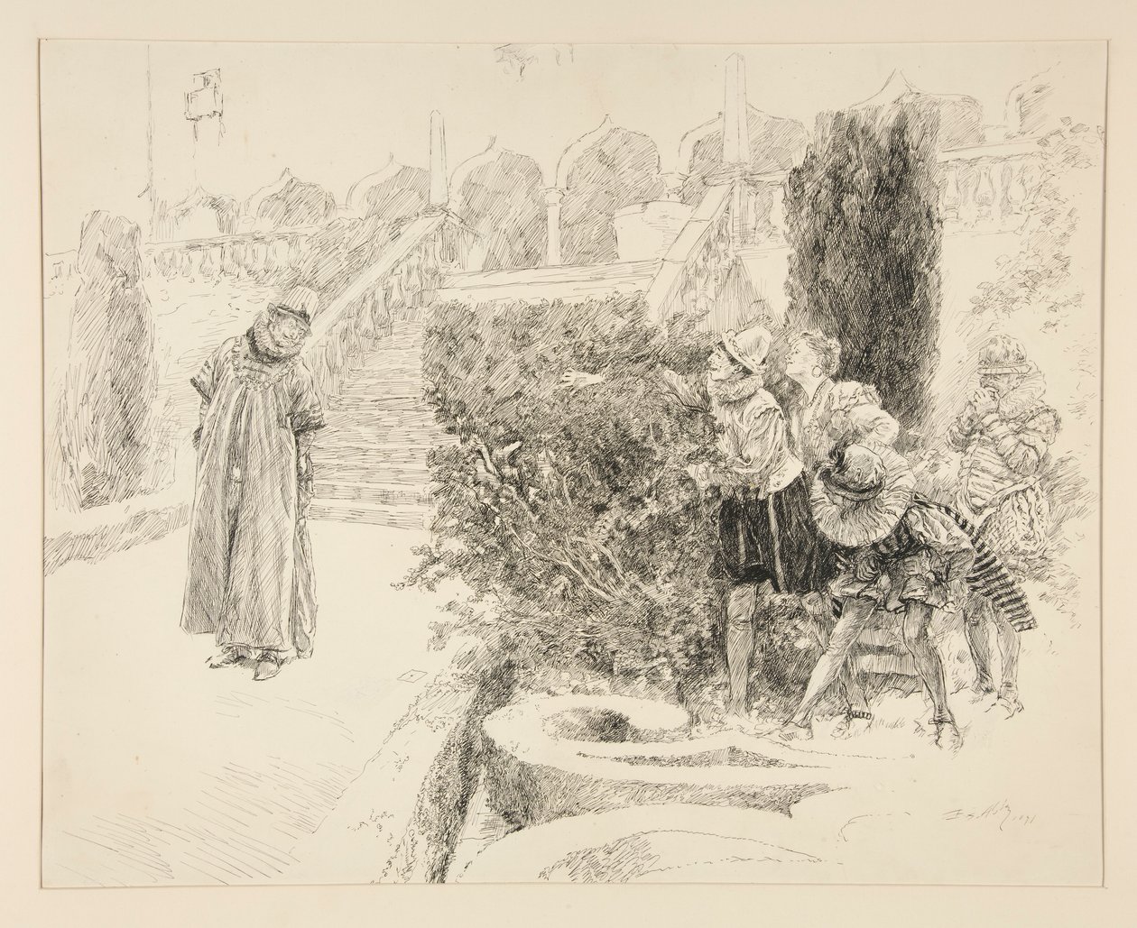Malvolio löytää kirjeen, kuvituksen näytökselle II, kohtaus v, kahdestoista yö tekijältä Edwin Austin Abbey