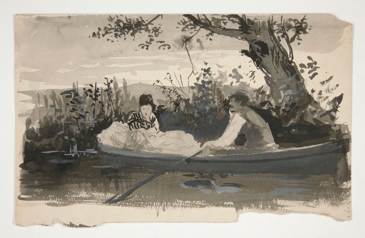 Mies ja nainen soutuveneessä lähellä joenrantaa - tunnistamaton kuva tekijältä Edwin Austin Abbey