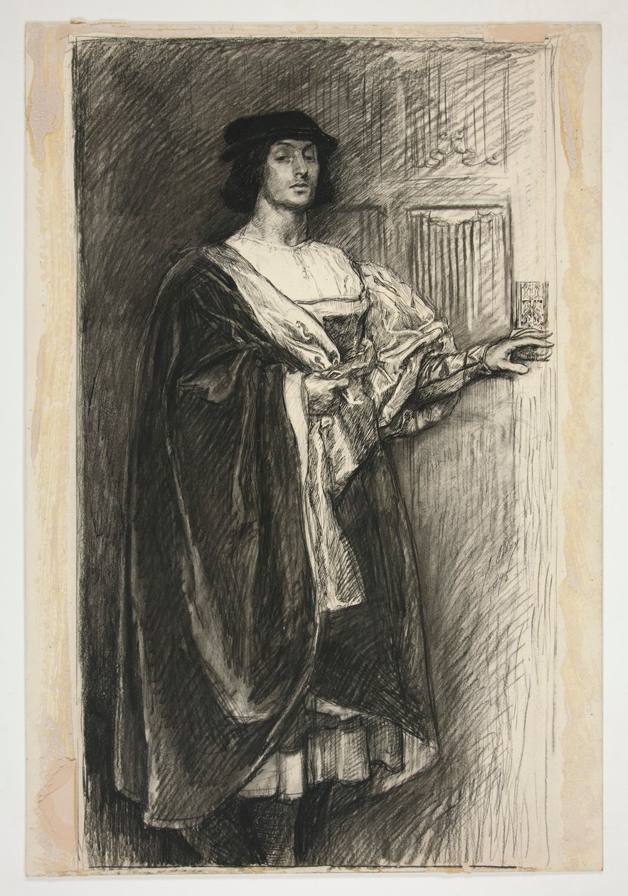 Mies renessanssiasussa - (tunnistamaton kuvitus Shakespearen näytelmään?) tekijältä Edwin Austin Abbey