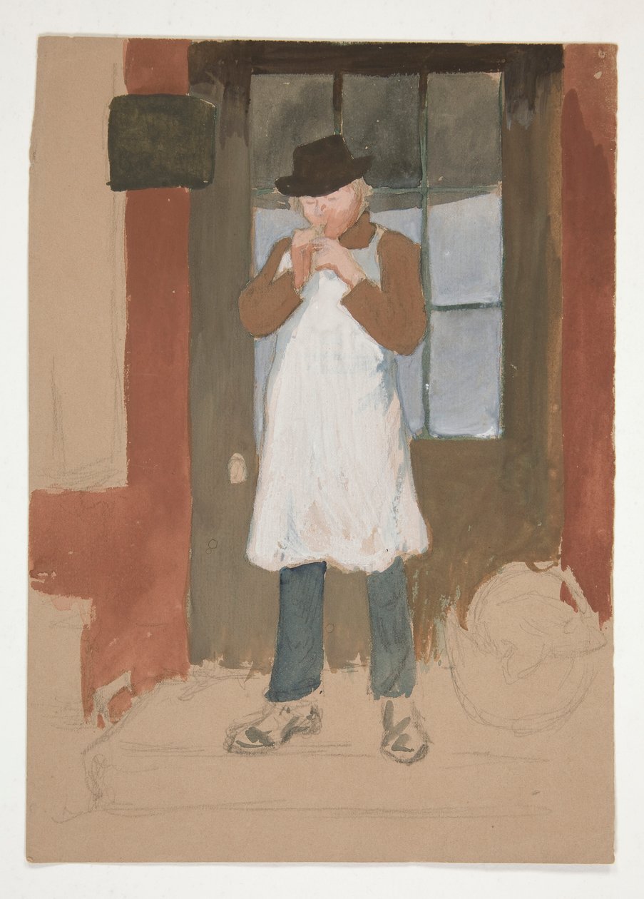Mies sytyttää putken oviaukossa - tunnistamaton kuva tekijältä Edwin Austin Abbey