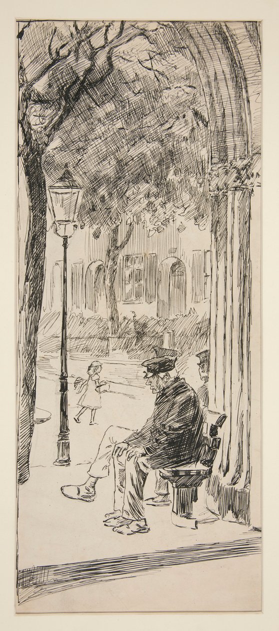 Mies puiston penkillä - tunnistamaton kuva tekijältä Edwin Austin Abbey