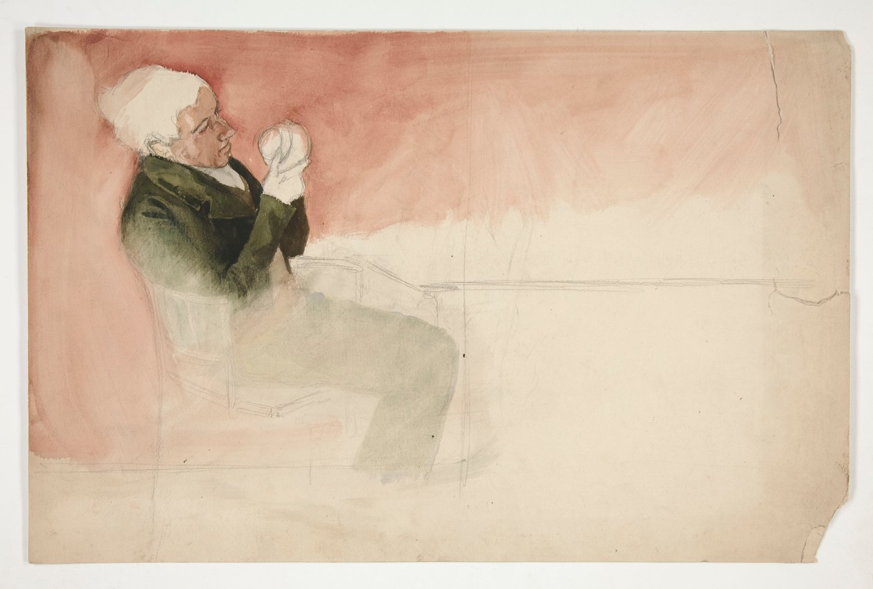 Mies istuu ja tutkii kulhon sisäpuolta - (tunnistamaton kuva) tekijältä Edwin Austin Abbey