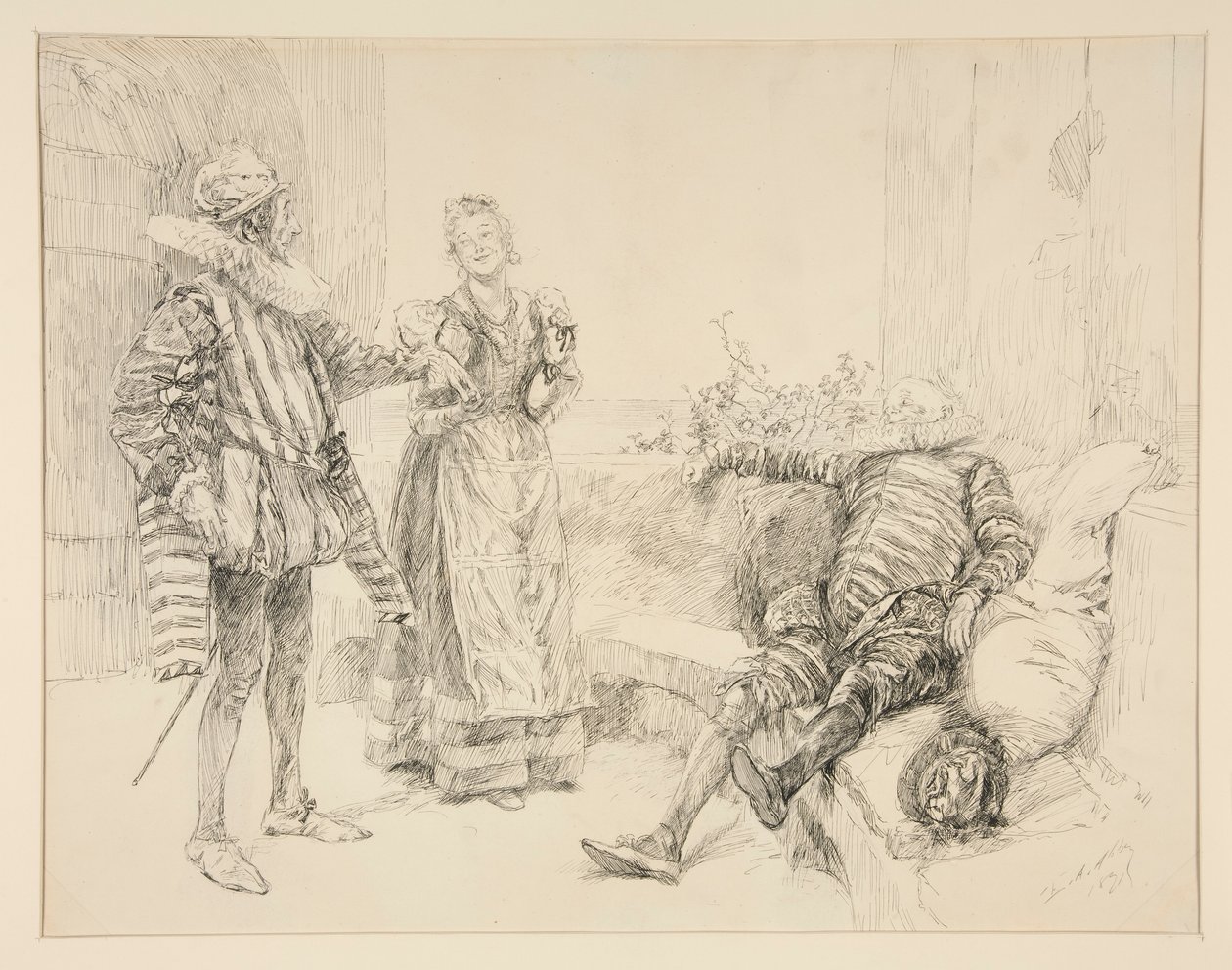 Maria, Sir Andrew ja Toby, kuvitus näytökselle I, kohtaus iii, kahdestoista yö tekijältä Edwin Austin Abbey
