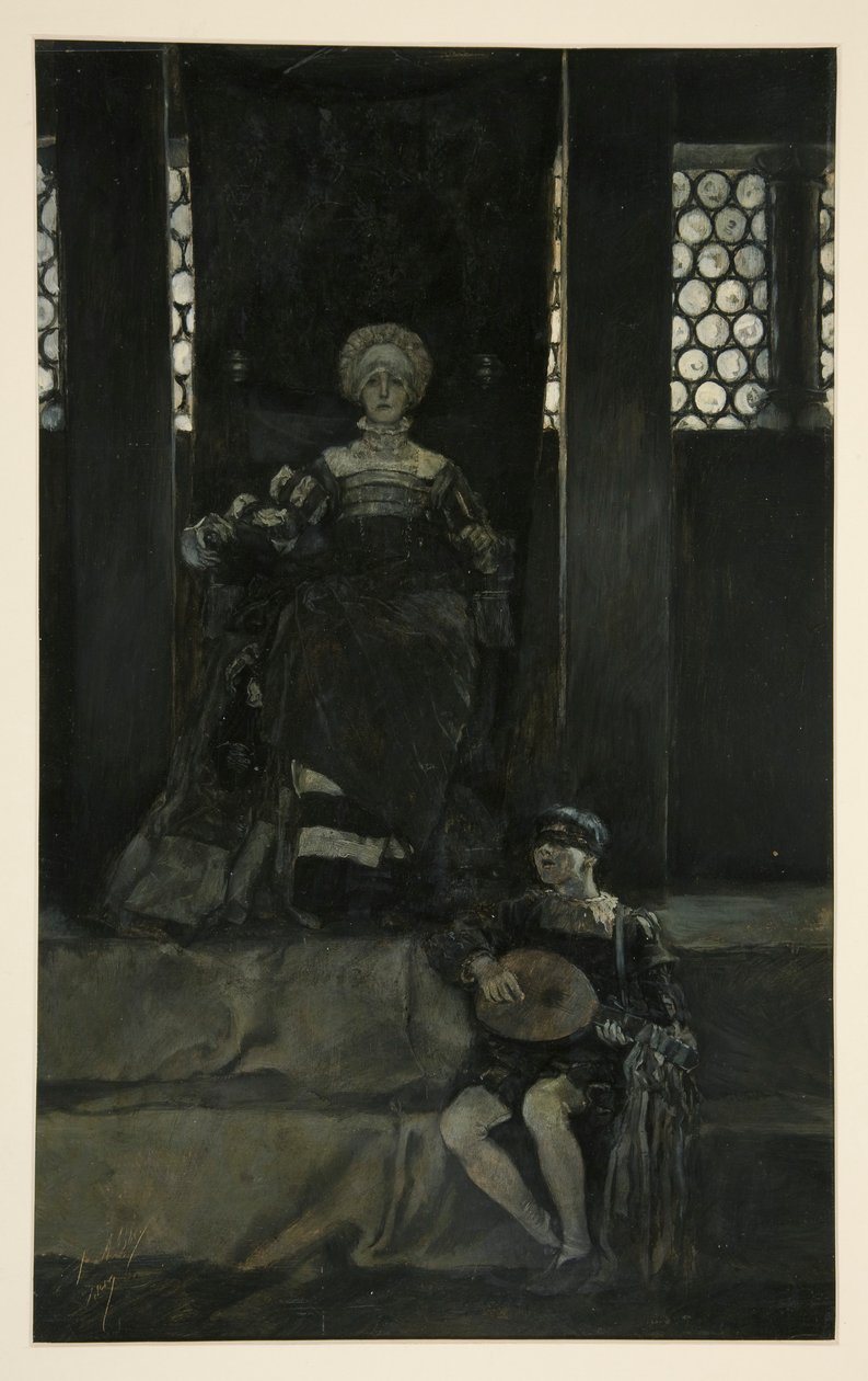 Mariana ja poika laulaa - näytös III, kohtaus I, mittaa mittaan tekijältä Edwin Austin Abbey