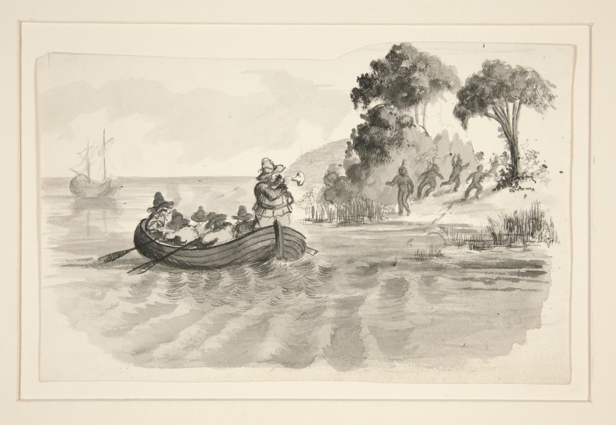 Homes en barca de rems que fugien dels indis a la costa - il·lustració no identificada (en Colom descobrint el Nou Món?) - exploradors que desembarquen al Nou Món finlandès tekijältä Edwin Austin Abbey