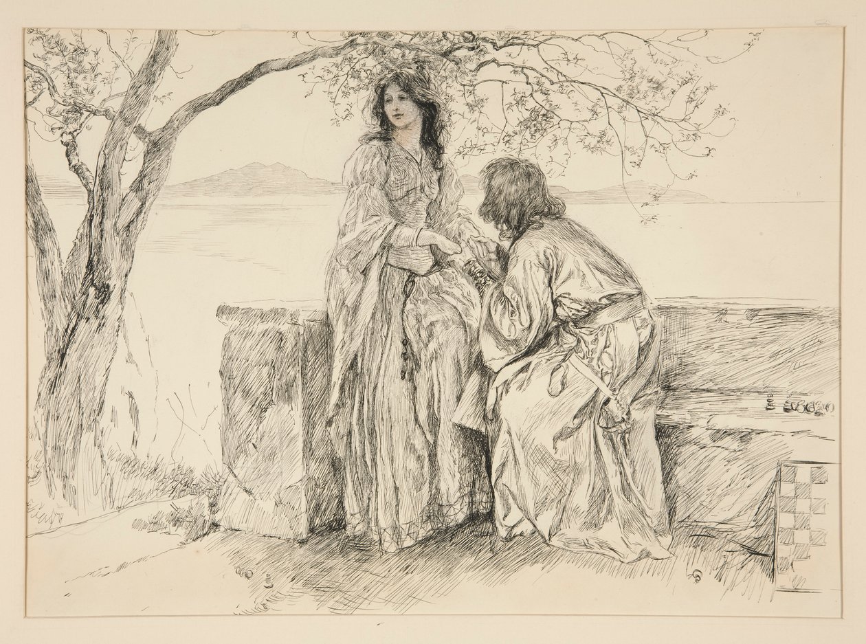 Miranda ja Ferdinand, kuvitus näytökselle V, kohtaus i, Myrsky tekijältä Edwin Austin Abbey