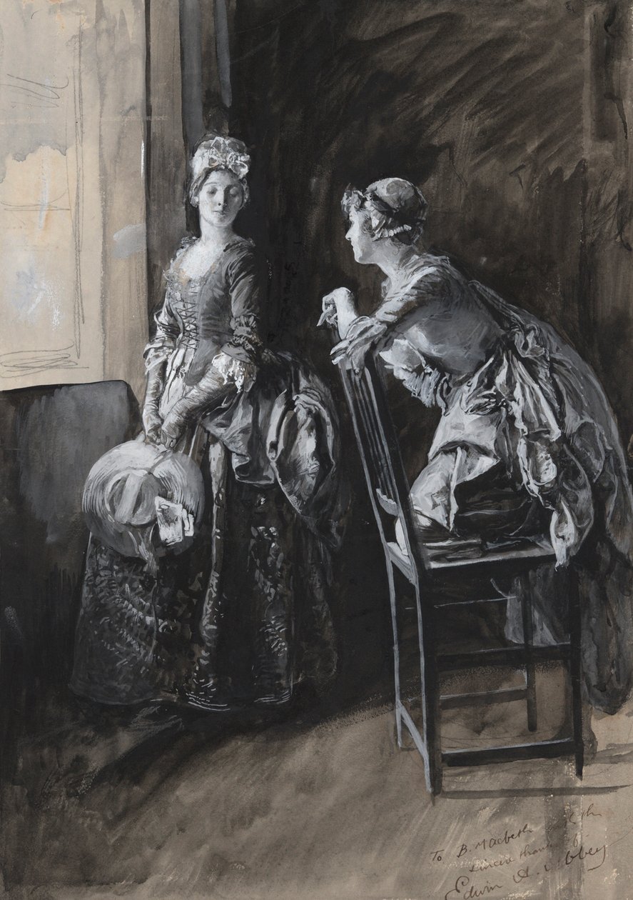 Miss Neville ja Miss Hardcastle, kuvitus Oliver Goldsmithille tekijältä Edwin Austin Abbey